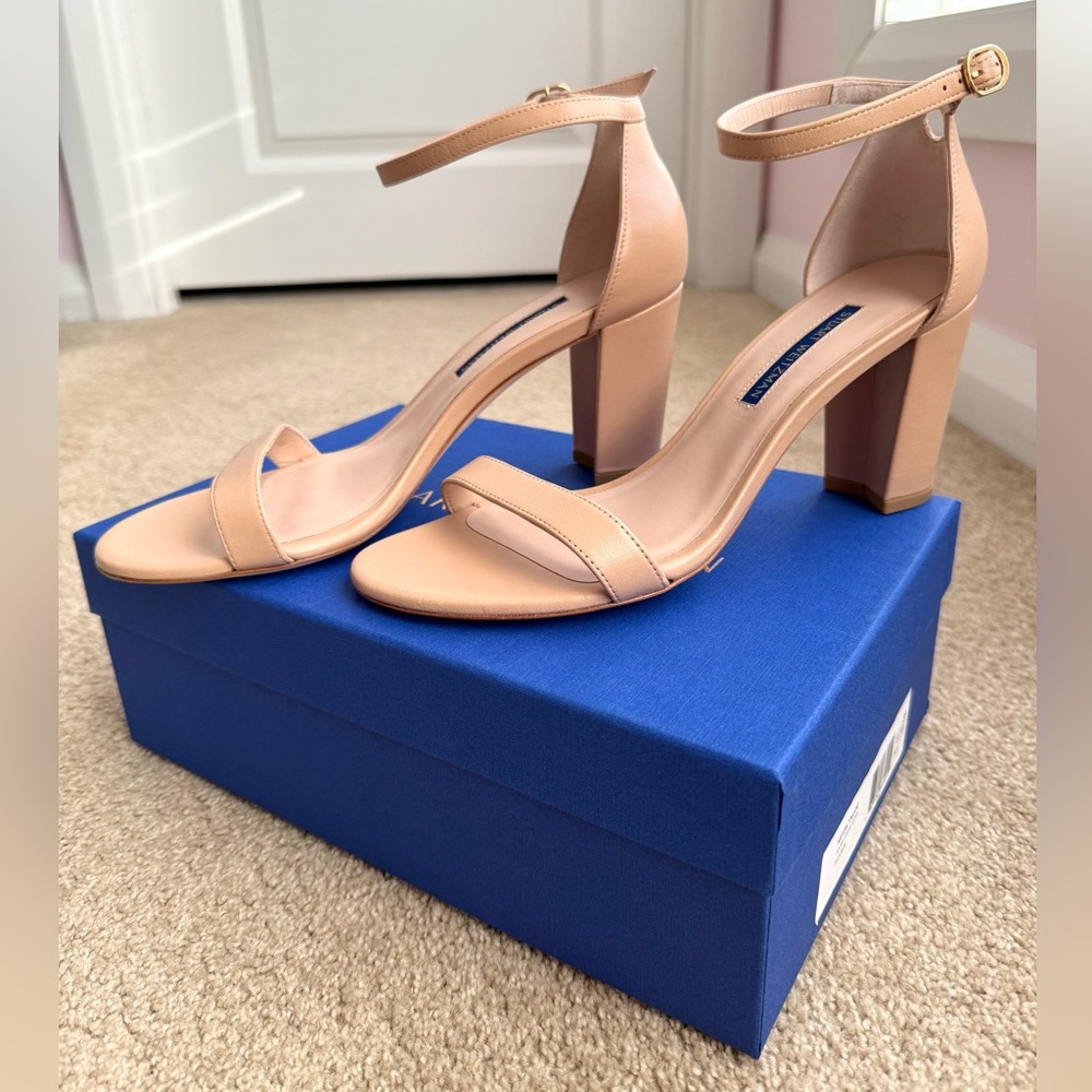 Stuart Weitzman NearlyNude Leather Strap Sandal Adobe Dress Nappa Size 8.5W, NWT